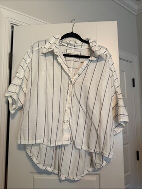 We The Free White Button-Up Shirt with Navy Stripes